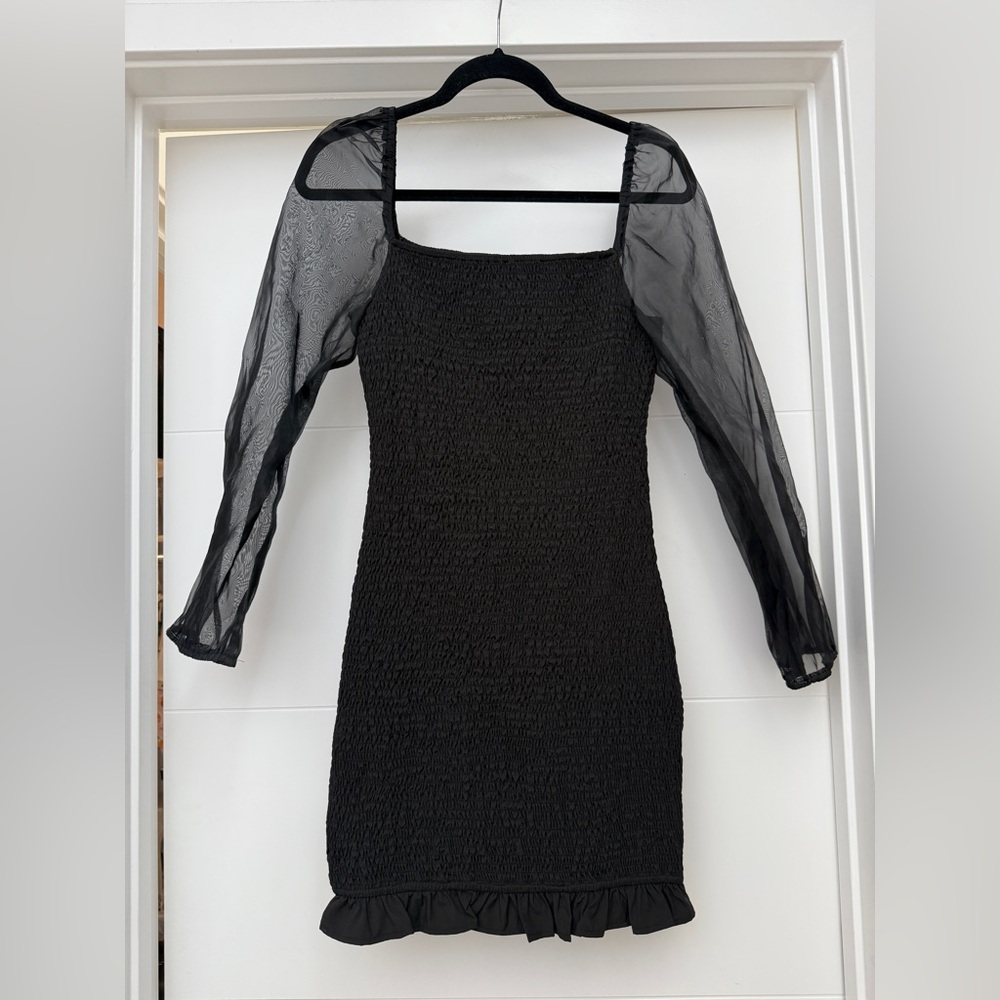 Starlow Black Sheer Sleeve Ruched Mini Dress Square Neck Ruffle Hem | Size S - Picture 4 of 9